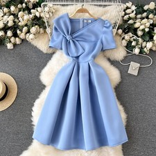 Women's Bows Puff Sleeves Elegant Banquet Midi Dress Birthday Party A-line Gown