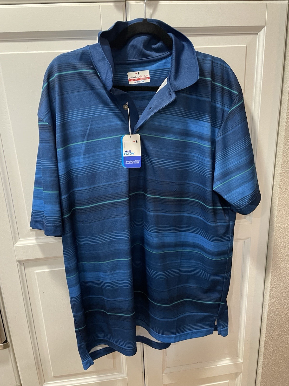 Grand Slam Mens Polo Shirt, XL, Blue Stripe, Airflow, Grand Slam Mens Golf Shirt