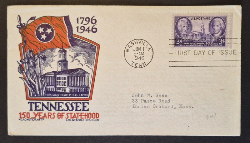 1946 First Day Cover US Scott 941 Tennessee 150th Anniversary Staehle Cachet FDC
