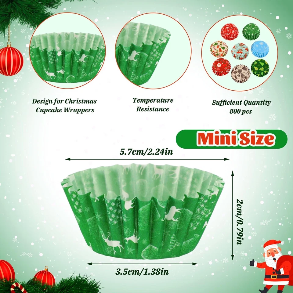 800 рождественских вкладышей для кексов AUGSUN бумажные конфеты чашки Санта-Клаус снеговик S... - Изображение 2 из 4