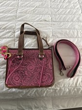 Western Tooled Embossed Floral Tote Pink/Brown Zip, Pockets, Charm, Strap