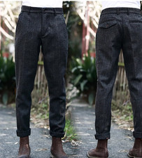 Mens Trousers Vintage Herringbone Checks Tweed Casual Slim Fit Pants Trousers