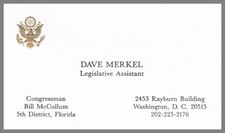Dave Merkel Bill McCollum Congress Washington DC FL Business Card Vintage