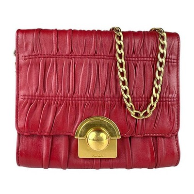 Prada Rot Leder Schultertasche Goldfarben Druckverschluss Italien Authentisch