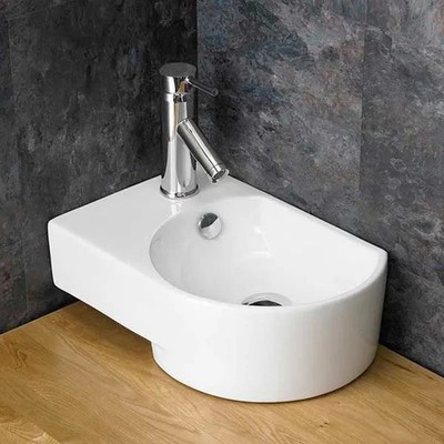 Kleines Eckbecken Aversa 400 mm weiß Keramik links mit Überlauf