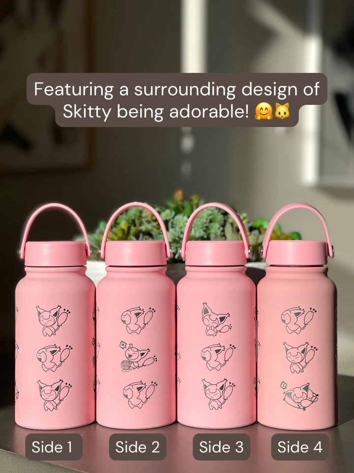 Skitty Water Bottle Engraved Waterbottle with Knitting & Sleeping Skitty, Cute - Image 2 of 4