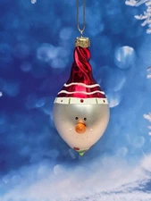 Vintage teardrop snowman Head with red hat  Glass Christmas Ornament 4.75"T EUC