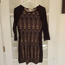 ARYEH Womens Medium 3/4 Sleeve Knit Sweater Dress Black Brown Round Neck