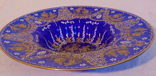 Large Murano Italian Glass Cobalt Blue Bowl Gold Victorian Couple