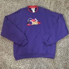 Vintage Cat Sleepy Hat Purse Sweatshirt Purple Top Stitch Size Large Pullover
