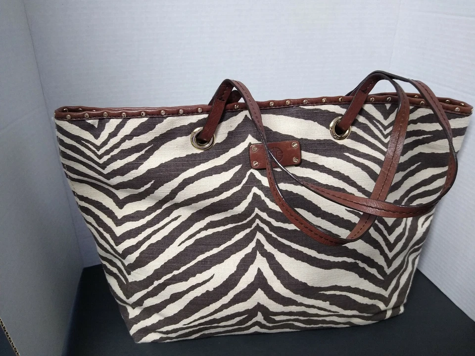 ANTONIO MELANI ZEBRA ANIMAL PRINT CREAM BROWN CANVAS BROWN LEATHER TRIM BAG TOTE