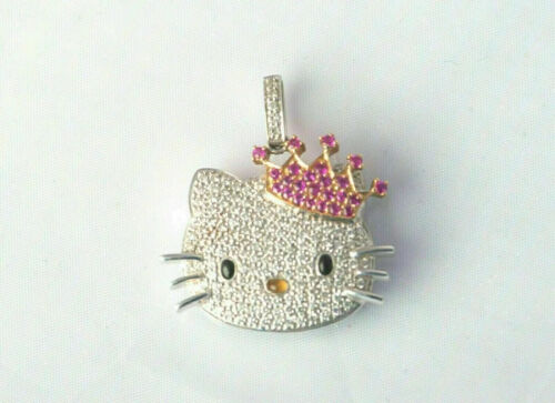 14K White Gold Plated 2 Ct Round Cut Lab-Created Diamond 'Hello Kitty' Pendant - Picture 1 of 4