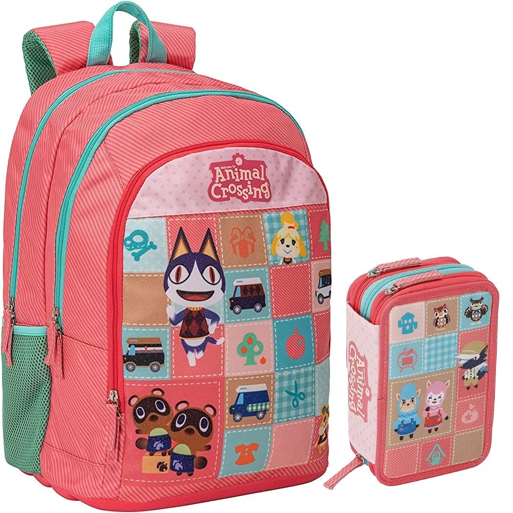 ANIMAL CROSSING Zaino Organizzato +Astuccio 3 Zip +Omaggio Set 30 pz Cancelleria