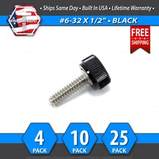 #6-32 x 1/2" Thumb Screw Stainless Steel - Black Round Knurled Knob - USA