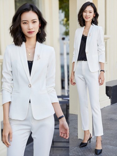 Tailleur donna completo elegante bianco chiaro giacca pantaloni slim 4891 |  eBay
