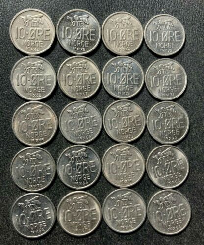 Vintage Norway Coin Lot - 10 ORE - BEE SERIES - 20 Uncommon Coins - Lot #A11 - Photo 1 sur 1
