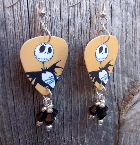 Jack Skellington Orecchini Pick per Chitarra con Pendoli Cristallo Swarovski Neri - Foto 2 di 2
