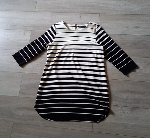 M&S Black & Cream Striped 3/4 Sleeve Short Tunic Dress Smart Casual Jersey UK14 - Picture 21 of 21