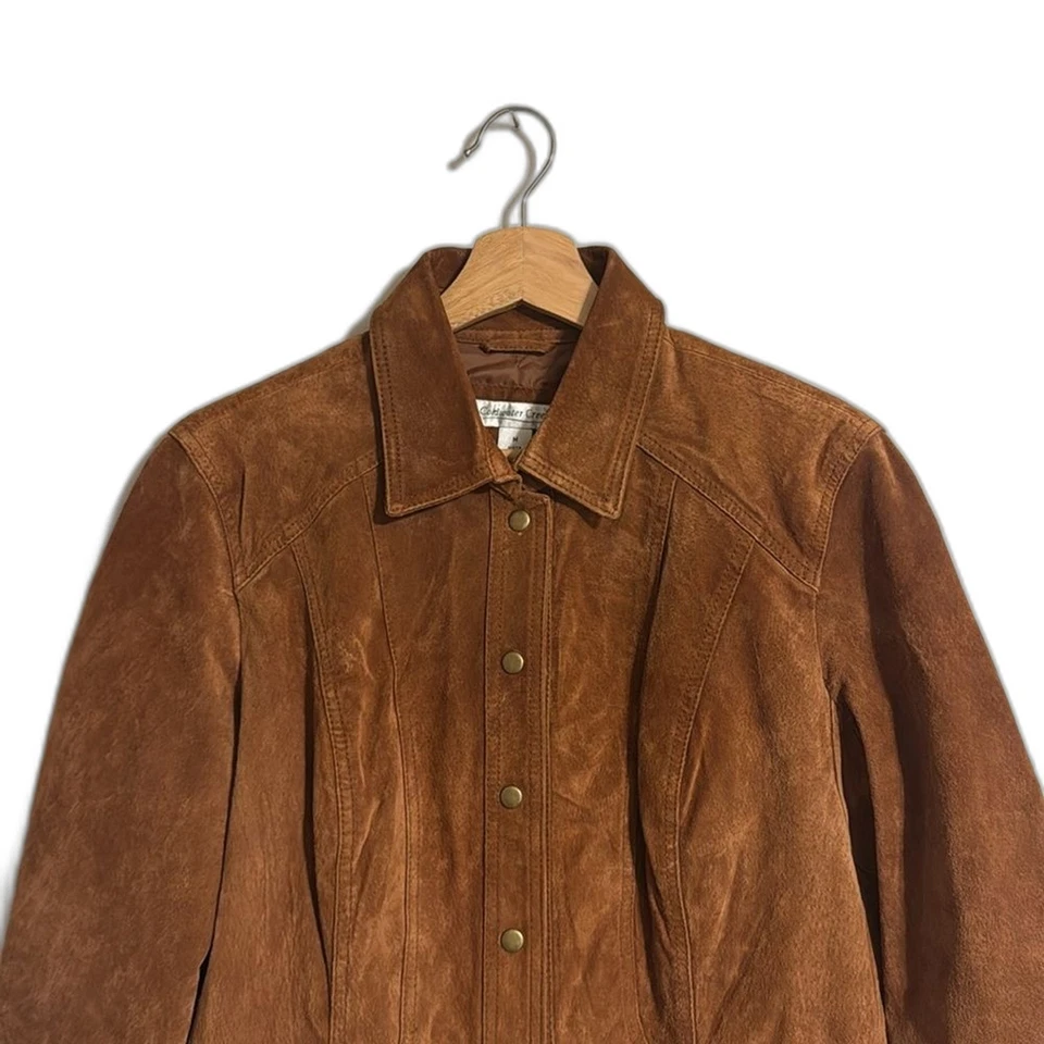 Coldwater Creek Marrón Gamuza Cuero Latón Chaqueta a Presión Mangas a Presión Talla Mediana Foto 2 de 4