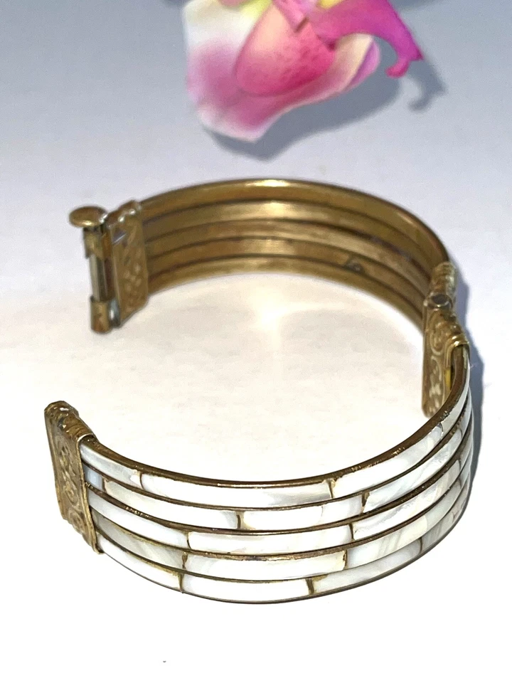 Mother Of Pearl Brass Hinged Bangle  India  Bohemian Tribal Ethnic 70s Bohemian - Image 4 of 4
