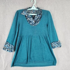 ELEMENTZ Woman Top PS Blue Sweater Faux Geometric Print Shirt Contrast Cuffs EUC