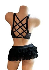 Lot of 2 Seven ‘til Midnight Black Silky Sheer Lace Bralette & Lingerie Skirt L