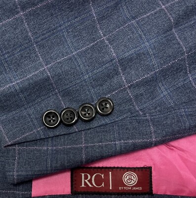 RC by Tom James Mens 48S Navy Blue Pink Plaid Custom Tailored Blazer Jacket Coat
