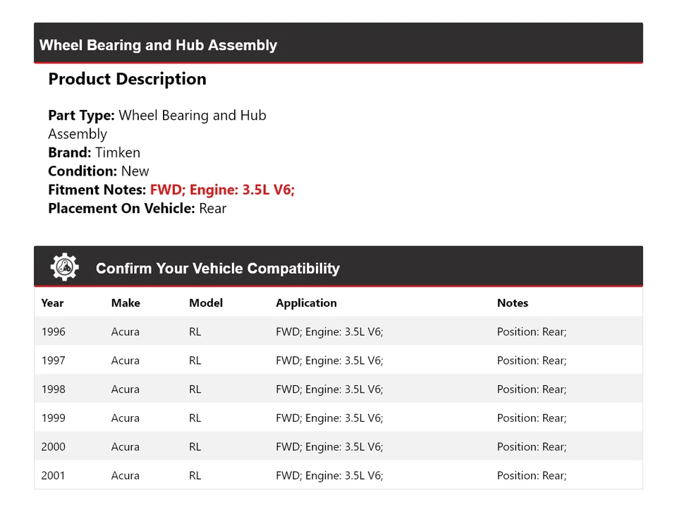 For 1996-2001 Acura RL 3.5L V6 FWD Wheel Bearing and Hub Assembly Rear Timken - Image 2 of 4