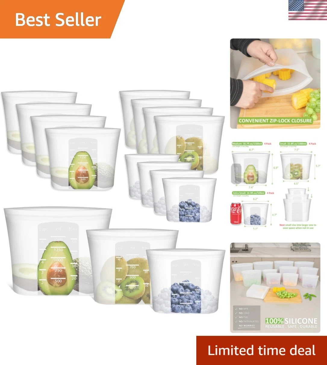 Reusable Storage Bag, 12 Pack 100% Silicone Food Storage Bags Stand Up Silico...
Opens in a new wind