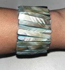 Vintage Abalone Shell Bracelet Wide Stretch Mother Of Pearl Blue Iridescent