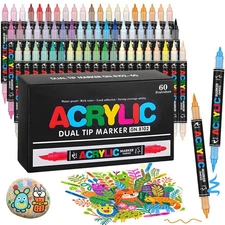 60 Colors Dual Tip Acrylic Paint Pens, 0.5-5MM Brush Tip & 1 MM Fine Tip Acry...