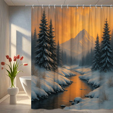 Winter Mountain Scene Shower Curtain - Snowy Landscape Decor