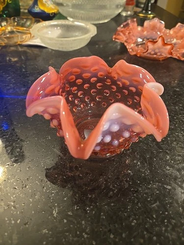 Vintage Fenton Cranberry Opalescent Hobnail Rose Bowl Vase Ruffle Edge 4.25” H