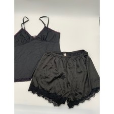 Unbranded Black Satin Pajama Set Lace Trim Camisole and Tap Shorts Womens Medium