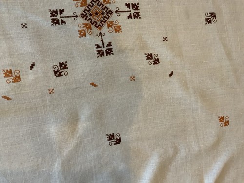 Antique Vintage Square Tablecloth, Linen, Geometric Embroidery Design, Off White - Picture 17 of 23