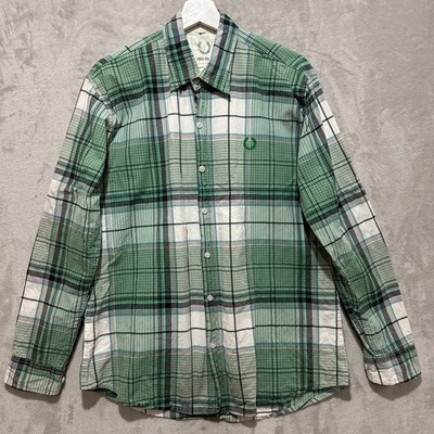 Fred Perry Mens Green Plaid Button Down Shirt Long Sleeve Cotton Casual M