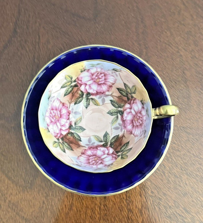 AYNSLEY Bone China 4 CABBAGE ROSE CUP & SAUCER Cobalt Blue Made In England