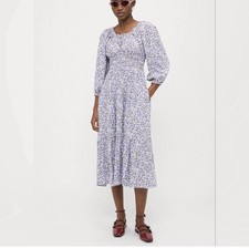 Gap Smocked Squareneck Midi Purple White Floral Dress Pockets Size Medium