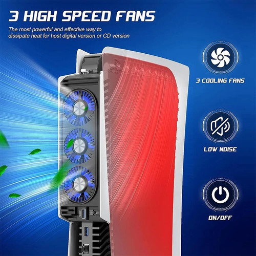 LED Cooling Fan for PS5 Console w/3 high-speed fans ,w/Blue LED Light ,quiet - Picture 5 of 8