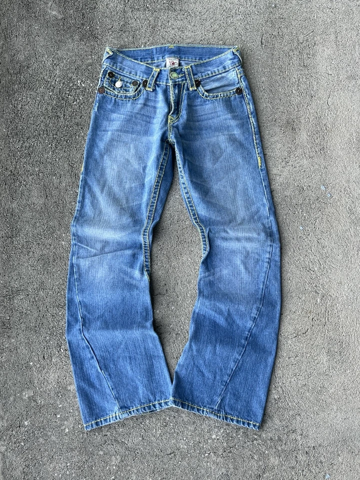 True Religion Joey Super T Size 30 Light Blue/yellow Flared Jeans Made In USA - Image 3 of 4