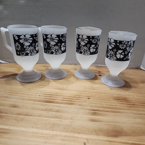 Vintage MCM Milk Glass Black and white Floral pattern Pedastool mugs SET OF 4