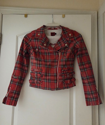 TRIPP NYC RED PLAID MOTO JACKET W/ BUCKLES AND ZIPPERS - Size S