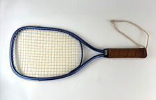 Vintage TRAQ Model 20 Racquetball Racket  Blue Metal Frame Leather Grip 70s  80s