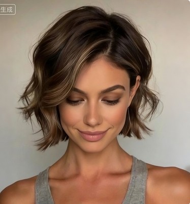 Short Bob Wavy Brown Wigs with Blonde Highlight 100% Human Hair Lace Front Wigs