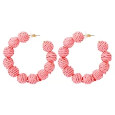 Raffia Statement Earrings Pink Rattan Ball Circle Dangle Earrings Handmade Straw