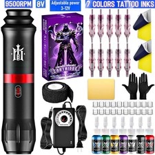 ROTARY TATTOO PEN MACHINE KIT COMPLETE 10PCS NEEDLES 7 TATTOO INKS POWER SUPPLY