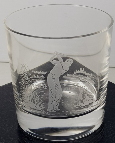 GOLF Whiskey Glass Etched Golfer Design Heavyweight H8.5cm Vgc