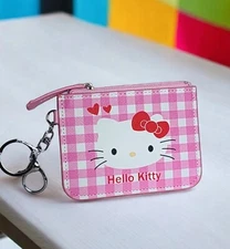 Super Cute Cartoon Hello Kitty Card Holder / Coin Purse /Keychain, Plaid, Pink 