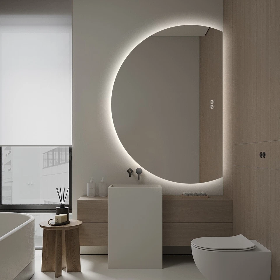 Half Right Cut Round Moon Wall LED Mirror 91 x 130 Frameless Backlit