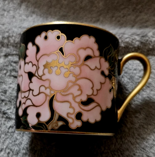 VTG Fitz & Floyd Cloisonne Peony Black Flat Cup W/Gold Trim